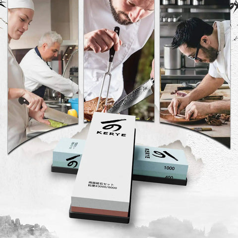 Pro Grade Knife Sharpening Stone Kit With Double Sided Whetstones 400 1000 And 3000 8000 For Real Sharp Results, chefs using kit