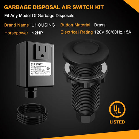 Air Switch Kit For Garbage Disposals UL Certified Sink Top Push Button with matte black finish and brass components shown