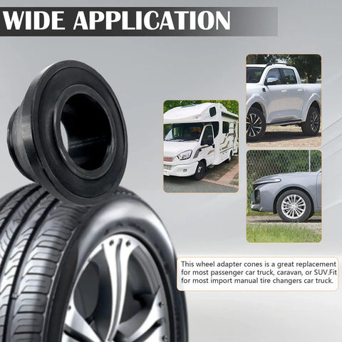 Universal Wheel Balancer Taper Cone Set Four Piece Kit Made From Heavy Duty Carbon Steel for various vehicles including SUVs and trucks.
