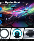 20 Inch LED Lit Mountain Bike With Built In Stereo Speakers And Wireless Music, colorful frame lights visible in dark room