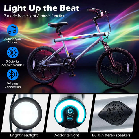 20 Inch LED Lit Mountain Bike With Built In Stereo Speakers And Wireless Music, colorful frame lights visible in dark room