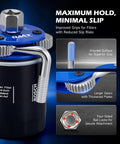 Close-up of Two Piece Oil Filter Wrench Set with adjustable jaw showing knurled surface, larger gears, four-sided ball locks for non-slip grip