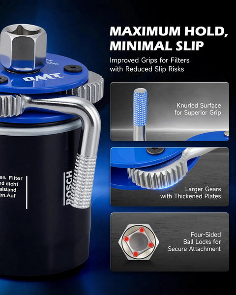 Close-up of Two Piece Oil Filter Wrench Set with adjustable jaw showing knurled surface, larger gears, four-sided ball locks for non-slip grip