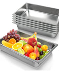 6 Pack Hotel Pans 1 By 1 Size 4 Inch Deep Stainless Steel Trays with Fruits Displayed