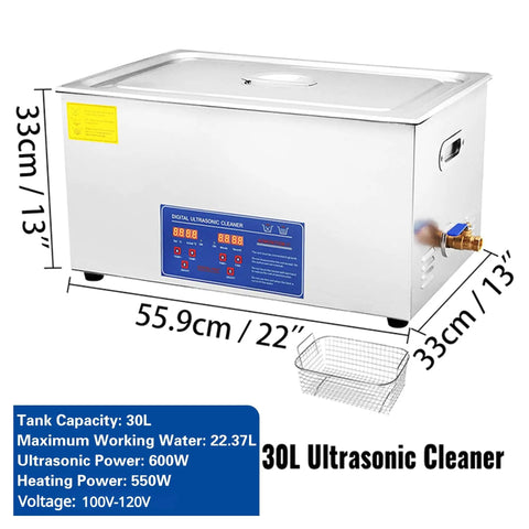 Heavy Duty Heated Ultrasonic Cleaner With Digital Timer And Thick Commercial Grade Stainless Steel Wash Tank, 30L capacity