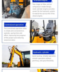 Compact Hydraulic Mini Excavator details: branded engine, centralized operation, hydraulic cylinder, travel motor, rugged crawler.