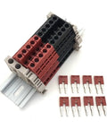 10 Gang DIN Rail Terminal Block Kit Pro Grade With Jumpers, Red And Black, 10 To 22 AWG, 30 Amp, 600 Volt, Made In USA, UL Rated, Commoned Terminals For Solar Power Setup Or Power Distribution mounted on DIN rail
