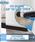 32 Inch Door Draft Stopper Foam Blocker For Interior Doors Black Door Sweep And Bottom Seal Weather Stripping To Stop Cold Drafts, Wind And Noise Under The Door, Fits 0.5 To 1.7 Inch Gaps, Smoke Stopper, shown under white interior door.