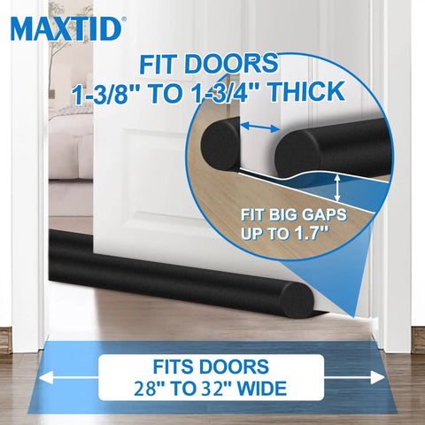 32 Inch Door Draft Stopper Foam Blocker For Interior Doors Black Door Sweep And Bottom Seal Weather Stripping To Stop Cold Drafts, Wind And Noise Under The Door, Fits 0.5 To 1.7 Inch Gaps, Smoke Stopper, shown under white interior door.