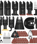 156 Piece Multitool Blade Kit For Oscillating Tools With Cutting Sanding Scraping Blades Storage Bag Compatible With DeWalt Makita Dremel And More Great For DIYers displayed
