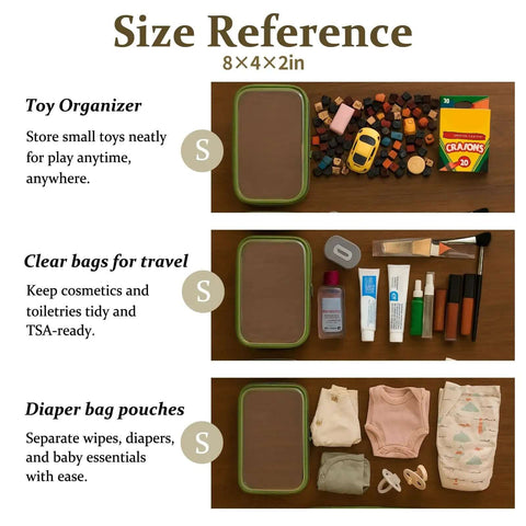 Heavy Duty Clear Hard Shell Zipper Pouches Built Different Stackable Travel Organizers For Toiletries Makeup Gear And Daily Essentials Smart Durable Packing Cases 8x4x2in with toy, cosmetics, and diaper organization.