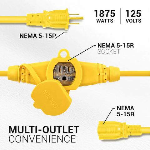 Yellow extension cord with NEMA 5-15P plug and NEMA 5-15R socket, showing multi-outlet convenience and 1875 watts capacity.