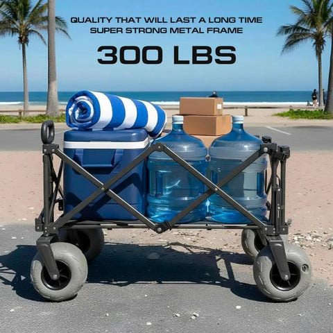 Heavy Duty Beach Wagon With Big Wheels For Sand loaded with water bottles and cooler, 300 lb capacity, on beach path