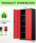 Beefy 72 Inch Heavy Duty Steel Garage Storage Cabinet With 900 Lb Capacity, 3 Point Locking System, Four Adjustable Shelves, Lockable Tall Storage for Garage Office or Warehouse, Black and Red, 72x32x16 in dimensions