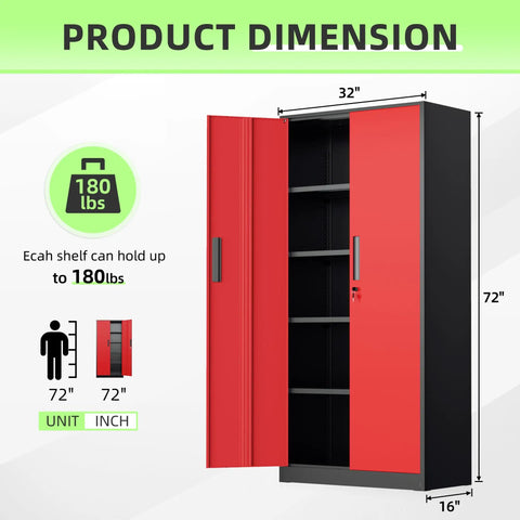 Beefy 72 Inch Heavy Duty Steel Garage Storage Cabinet With 900 Lb Capacity, 3 Point Locking System, Four Adjustable Shelves, Lockable Tall Storage for Garage Office or Warehouse, Black and Red, 72x32x16 in dimensions