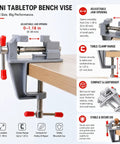 Zero Drama Mini Bench Vise Sturdy Table Mount Badass High Carbon Steel Adjustable Clamp For DIY Models Jewelry Woodworking And Precision Hobbies With Grips That Lock Down Fast, showcasing adjustable jaw opening and clamping features.