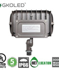 Back view of 30W LED Flood Light for Outdoor Security, 2700 Lumens, 3000K Warm White, 120-277V Universal, UL Listed.