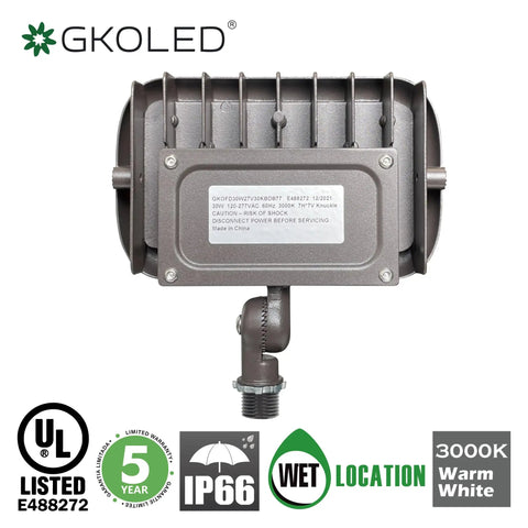 Back view of 30W LED Flood Light for Outdoor Security, 2700 Lumens, 3000K Warm White, 120-277V Universal, UL Listed.