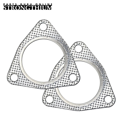 Two metal perforated 3-inch exhaust gaskets with three-bolt holes and circular openings.