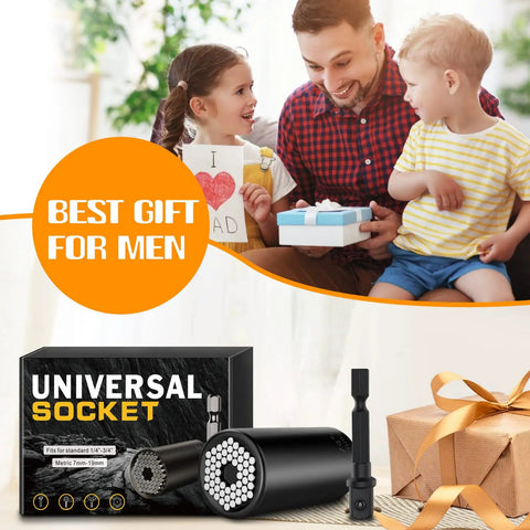 Universal Socket Tool Set For Dads And Grads Gift Idea All In One Chrome Vanadium Magnetic Ratchet Socket Wrench Set Seven To Nineteen Millimeters No Socket Change Handy Gift For Father Husband Grandpa Stepdad Papa Gadgets with gift box and happy family.