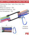 Jumbo Allen Wrench Set With 29 Pieces Torx SAE And Metric Hex Keys Folding Tool shows compact 9-in-1 folding tool with carabiner