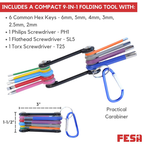 Jumbo Allen Wrench Set With 29 Pieces Torx SAE And Metric Hex Keys Folding Tool shows compact 9-in-1 folding tool with carabiner