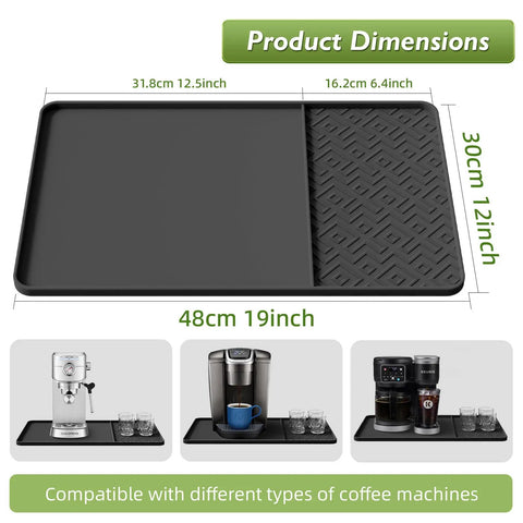 Raised Edges Silicone Coffee Mat 19 By 12 Inches Waterproof Countertop Protector For Coffee Makers Espresso Machines displayed with coffee machines