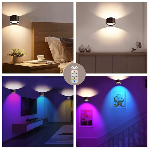Up And Down LED Wall Sconce With Battery Power, dual sided reading light, ambient RGB night light in living room and bedroom settings
