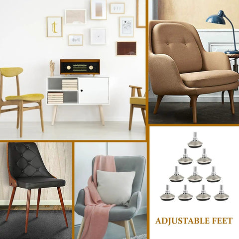 10 Pack Adjustable Swivel Leveling Feet For Furniture Legs For Tables And Chairs Stainless Steel And PP Material Flexible Design For Smooth Glide And Low Friction Height Adjustable With Long Nut Durable Heavy Duty Support And Easy Install next to various furniture pieces in a room setting.