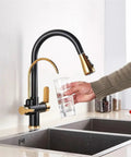 d/Black/Ch Kitchen Pull-Out Water Filter Faucet - 2/3 Way Mixer Tap for Cold Drinking WaterSink C with Purificat System in use with water glass.