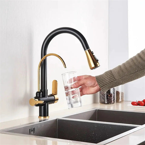 d/Black/Ch Kitchen Pull-Out Water Filter Faucet - 2/3 Way Mixer Tap for Cold Drinking WaterSink C with Purificat System in use with water glass.