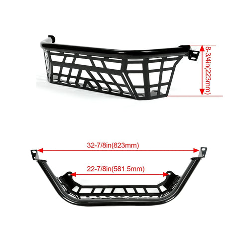 Heavy Duty Steel Cargo Barricade Tailgate Compatible With 2020 To 2025 Kawasaki Teryx KRX 1000 And 2023 To 2025 KRX4 1000 UTV showing dimensions and design.