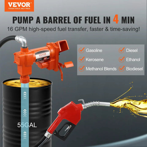 Heavy Duty 12V DC Fuel Transfer Pump 16 GPM Gasoline Extractor Kit For Tractors pouring fuel from a barrel into a pump.
