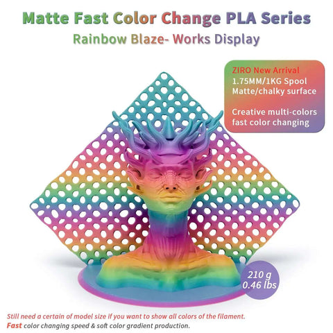 Rainbow Blaze Matte Color Changing PLA Filament For 3D Printing Fast Color Shift by Length with multicolor display
