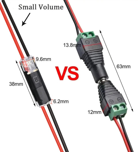 Comparison of 2 Pin Quick Disconnect Plug In Connector for Low Voltage 18-22 AWG Wire with locking buckle and alternative connectors
