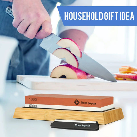 Dual Grit Knife Sharpening Whetstone with bamboo base and blade guide, 1000 and 6000 grit sides, knife cutting apple