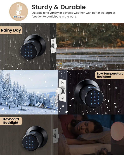 3 In 1 Smart Door Knob With Big Fingerprint Sensor And Keypad, No App Needed For Keyless Entry, waterproof and weather-resistant