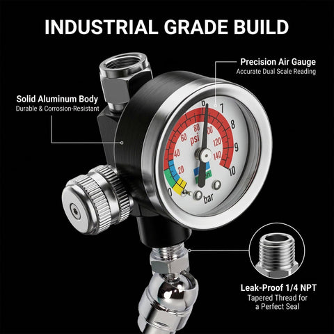 Inline Air Pressure Regulator With Gauge 1/4 NPT For HVLP Sprayers And Pneumatic Tools, 0-140 PSI Adjustable, showing dial and connector