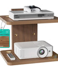 Wall Mounted Two Tier Floating Media Shelf In Rich Walnut Brown For Projectors And DVD Players With No Sweat Cable Routing and Heavy Duty Build to Secure All Your Rec Room Entertainment Gear with projector and DVD player.