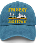 Relaxed Fit RV Camper Hat For Men With Tow It Vibe Vintage Camping Truck Cap, blue with "I'm Sexy And I Tow It" print