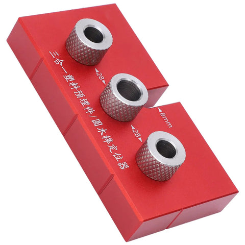 Top Shelf Wood Doweling Jig Drill Kit With Spot On Scaling Ruler And Rugged Aluminum Frame For Hassle Free Furniture Joinery And Cabinet Refinishing Projects Built Damn Tough And Ready For Work Red includes three metal bushings on a red base.