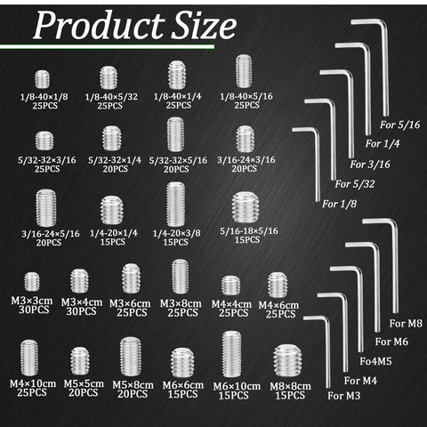Image showing 525 Piece Set Screw Kit Metric And SAE With Stainless Steel 304 Cup Point Grub Screws And Internal Hex Drive sizes.