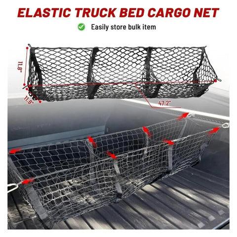 Heavy Duty Cargo Mesh Net Fits Tesla Cybertruck 2024 Through 2025 showing 47.2" x 11.8" elastic black net for cargo organization.