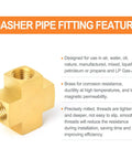 Brass Four-Way Pipe Fitting Cross, 1/4 Inch NPT Female Threads shown with product features and benefits for DIY or pro use