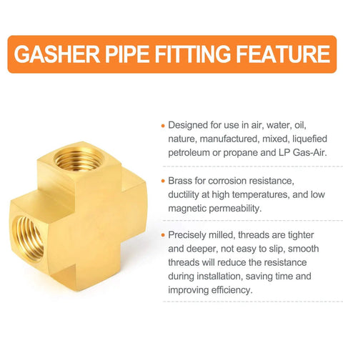 Brass Four-Way Pipe Fitting Cross, 1/4 Inch NPT Female Threads shown with product features and benefits for DIY or pro use