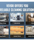 Collage of cleaning solutions in auto repair shops, laboratories, homes, hardware stores, eyewear stores, and jewelry showcases.