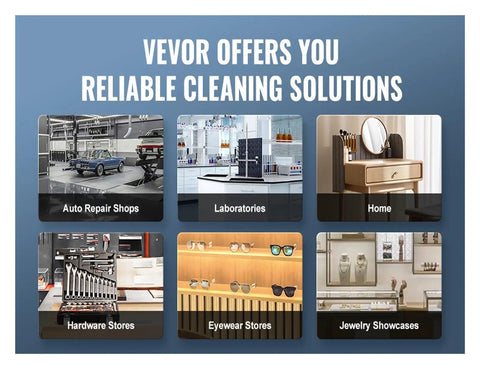 Collage of cleaning solutions in auto repair shops, laboratories, homes, hardware stores, eyewear stores, and jewelry showcases.