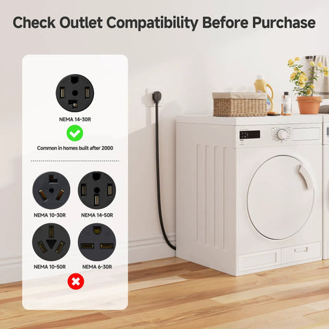 Check outlet compatibility for Heavy Duty 4 Prong Dryer Cord 10ft Built To Last 30 Amp 250V 7500W Capacity in modern laundry room