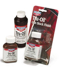 True-Oil Gun Stock Finish 8 Ounce Liquid For Rifles And Shotguns, Fast Drying Oil Blend Delivers Rich Even Color, No-Fuss Refinish That Prevents Yellowing And Cracking, Easy DIY Application For New Stocks Or Refinishing Old Ones. 8 oz bottle and 3 oz bottle display