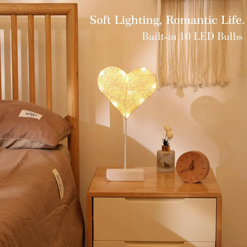 Heart Shaped Led Desk Lamp With Cotton Thread Glow on nightstand, bedroom setting, Battery Powered Night Light For Bedroom